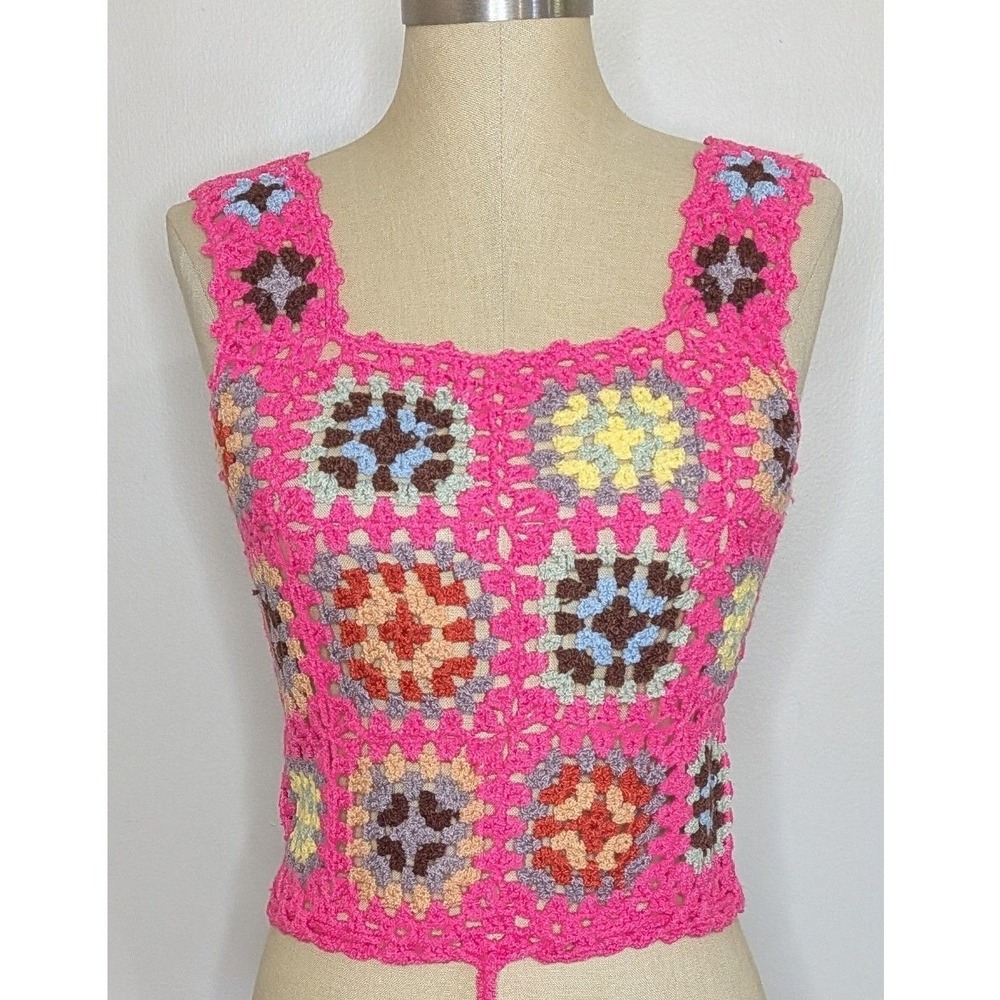 Cherry Pink Crochet Granny Square Tank Top Small Boho Festival Tassel Knit Cami